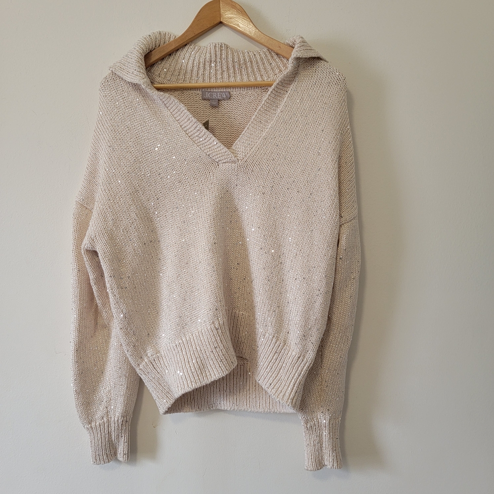 J. Crew Beige Natural Sequin V-Neck Sweater - Picture 2 of 6